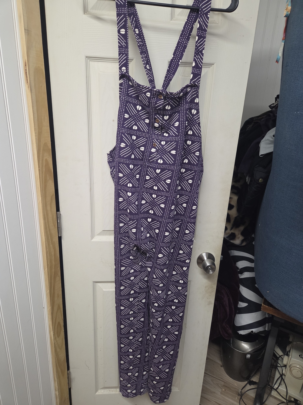Ade + Ayo purple and white abstract diamond-pattern cotton jumpsuit cross-back